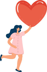 Woman running with big heart flat vector illustration. Concept of romance people valentine day sharing love, charity. Assistance, help, support concept