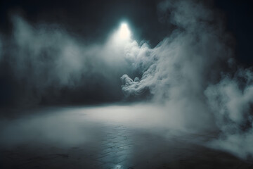 Fototapeta na wymiar Real smoke or fog with a light in a dark empty room. Dramatic smoke or fog effect realistic for spooky Halloween