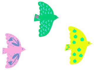 ピンク緑黄色の3羽の飛ぶ鳥