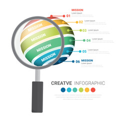 Infographic With Magnifying Glass for Global Business And Financial Analysis of the central element with 6 steps, options, parts, processes.