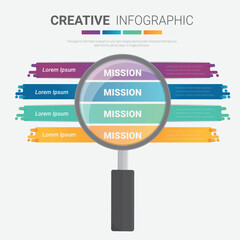 Magnifying glass divided into 4 parts. Simple infographic design template. Problem analyzing and searching for answer concept.