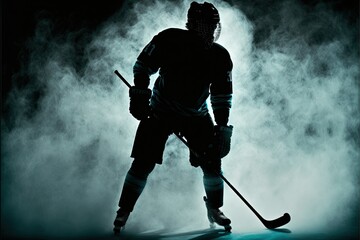 Dark silhouette of a male hockey player in a uniform, ai generated
