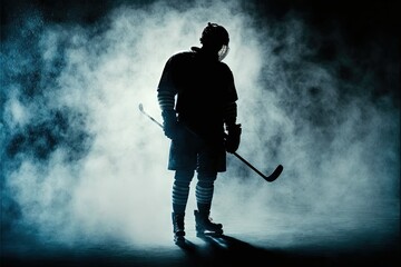 Dark silhouette of a male hockey player in a uniform, ai generated