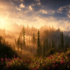 beautiful, fabulous landscape of forests, mountains and clouds, fantasy, ai