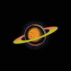 Original vector illustration in neon style. A planet in space. A design element. T-shirt or sticker design.