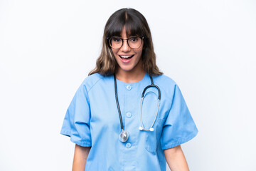 Young caucasian nurse woman isolated on white background with surprise facial expression