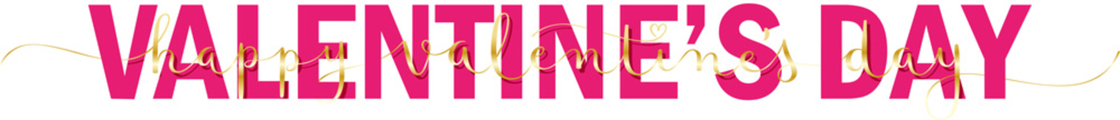 HAPPY VALENTINE'S DAY pink and gold banner with brush lettering on transparent background