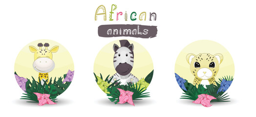 Fototapeta na wymiar Cute little African desert animals with flowers collection