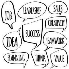 set hand drawn speech bubbles of JOB, LEADERSHIP, IDEA, PLANNING, SUCCESS, THINK, SALES, CREATIVITY, TEAMWORK, VALUE. vector design illustration