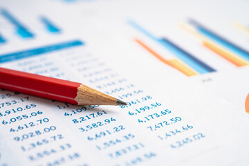 Pencil on preadsheet table paper with graph. Finance development, Banking Account, Statistics Investment Analytic research data economy, trading, office reporting Business company meeting concept.