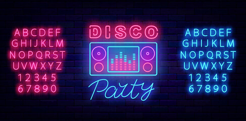 Disco party neon label. Announcement template. Music player. Glowing blue and pink alphabet. Vector stock illustration