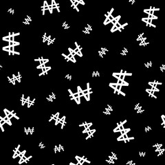 South Korean Won icon seamless vector pattern background. White simple Korean currency symbol on black backdrop. Scattered financial money sign all over print. Repeat design for business, banking.