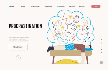 Mental disorders web template. Procrastination - modern flat vector illustration of man suffering under the weight of problems and obligations. People emotional, psychological, mental traumas concept