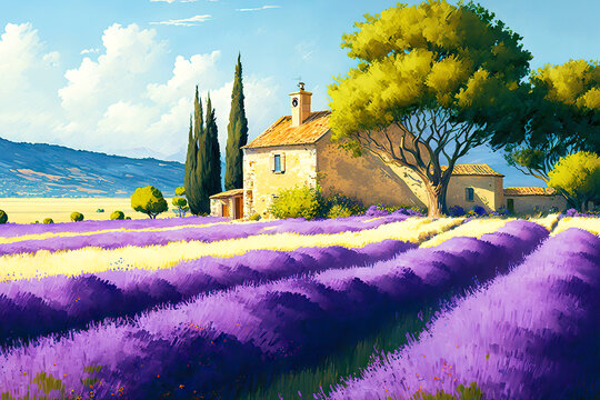 Lovely House With Beautiful Trees In Blooming Lavanda Field