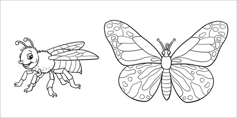Cute bee and butterfly to color in. Vector template for a coloring book with funny animals. Coloring template for kids.	