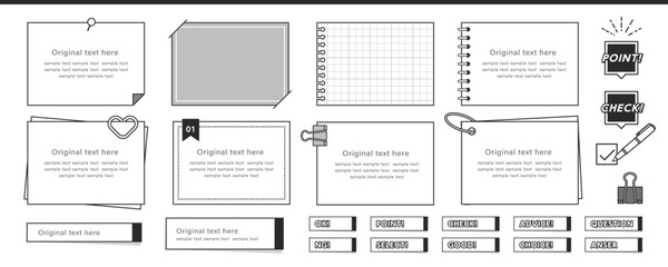 メモ帳、付箋、ノートなどのデザインフレームいろいろセット