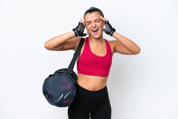 Young sport woman with sport bag isolated on white background with surprise expression