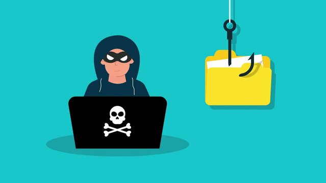 Hacker uses a fishing hook is stealing a file. motion animation in flat design.