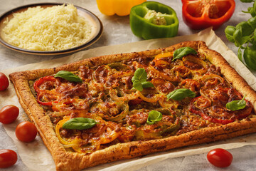 Homemade puff pastry pie with pesto, tomatoes , bell pepper and mozzarella.  
