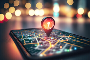 Smartphone with gps navigator icon and map on blur traffic road bokeh abstract background. Technology and transportation concept. Generative AI