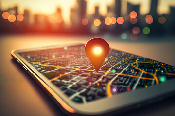 Smartphone with gps navigator icon and map on blur traffic road bokeh abstract background. Technology and transportation concept. Generative AI - obrazy, fototapety, plakaty