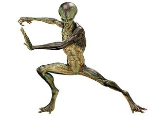 3D Rendering Green Alien on White