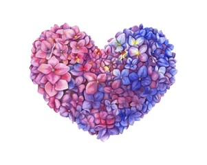 Fototapeta na wymiar Valentine’s Day design, Watercolor floral heart, Pink and blue Hydrangea art