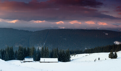 Amazing panoramic landscape  winter mountains at sunrise. View of dramatic overcast sky and distance snow capped peaks. Carpathian mountains range. Europe.
