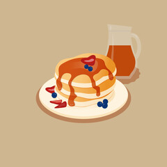 Pancakes with syrup, fresh strawberries and bilberries. Cartoon vector illustration.