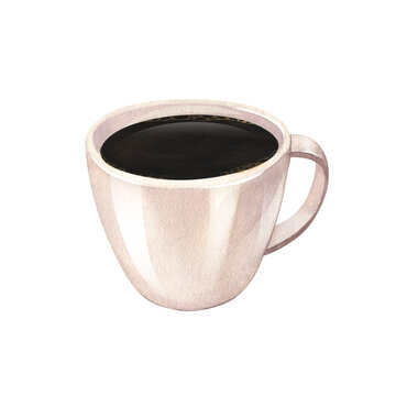 Watercolor hot black coffee in a white porcelain cup. Hand-drawn illustration isolated on white background. Perfect concept for cafe, restaurant, menu, cards