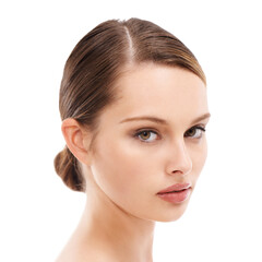 Obraz premium Skincare, beauty and portrait of woman with elegant face and hair isolated on white background. Health, wellness and luxury skin care cosmetics for healthy body and headshot of beautiful studio model
