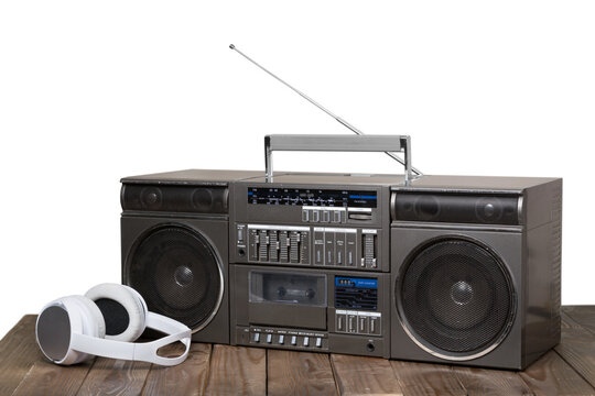 Old style retro radio with headphones and microphone