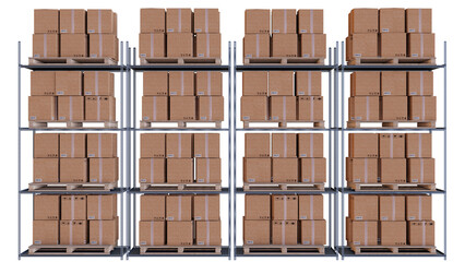 Cardboard boxes on pallet on shelves in warehouse. PNG Transparent 3D illustration © mabaci