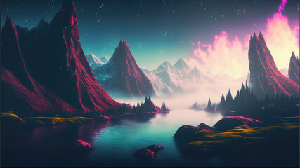 Fototapeta na wymiar Colorful magical fantasy mountains and lake, Generative AI