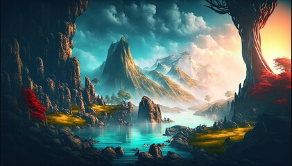 Serene magical fantasy river with mountains in the background, Generative AI