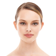Fototapeta premium Face portrait, beauty and skincare of woman in studio isolated on white background. Makeup, natural cosmetics and young female model with glowing, healthy or flawless skin after spa facial treatment.