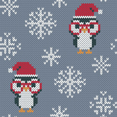 Penguin and Santa Claus hat jacquard knitted seamless pattern. Cute cartoon animal on grey snowy background. Trendy 8 bit game style. Vector illustration.
