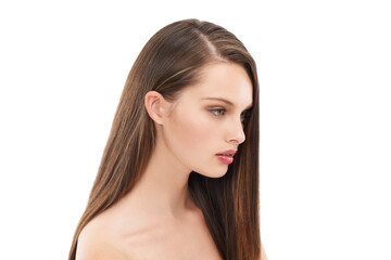 Fototapeta premium Woman, beauty and hair care wellness or cosmetics dermatology, skincare glow and makeup in white background. Model, luxury skin and keratin shampoo for hair growth or salon shine lifestyle in studio