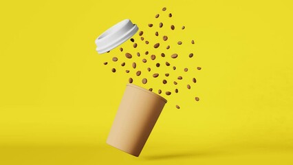 Floating paper coffee cup white lid flying beans explosion 3D animation loop yellow.Coffee shop beverage discount demonstration Hot drink sale promo design Flying latte branding advertising template
