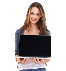 Portrait, mockup or woman with laptop, connection or female isolated on white studio background. Lady, consultant or employee with computer, smile or digital marketing and online research for startup