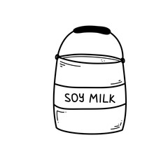 A bucket of soy milk in doodle style. Hand drawn barrel of soy drink. A can. Vector illustration isolated on white background
