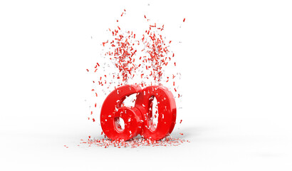 Naklejka premium nombre 60 rouge avec confettis rouges et blancs - soixantième anniversaire - fond transparent - rendu 3D