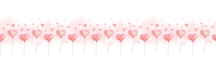 Fototapeta na wymiar Heart-shaped balloons and hearts on a white background. Watercolor seamless border. Perfect for wrapping paper, background, wallpaper, textile design for Valentine's day.