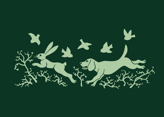 Beagle is chasing a hare. Vector silhouettes. Cartoon style. Hunting illustration.