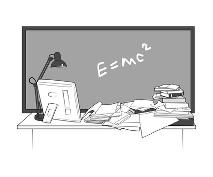 Desk with pile of books and papers, chalkboard, computer and table lamp. Vector illustration, monochrome sketch..