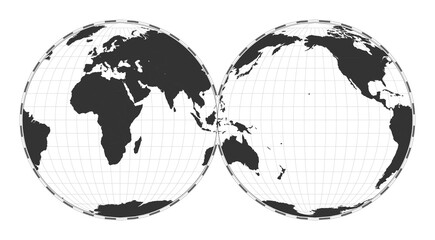 Vector world map in Mollweide projection, interrupted into two equal-area hemispheres. A plain geographical map with latitude and longitude lines, centered at 120 degrees W longitude. © Eugene Ga