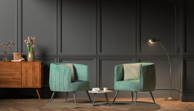 3d rendering of victorian living room with two chairs - classic style
