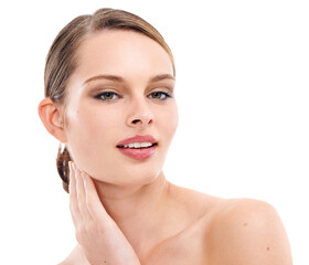 Obraz premium Skincare, salon and portrait of woman in studio for wellness, dermatology and facial treatment. Spa, aesthetic and hands on face of girl with cosmetics, makeup and beauty products on white background