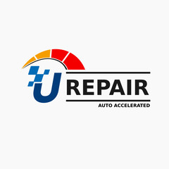 Initial U Letter with Speedometer, Race Icon for Automotive Company Logo. Motor Transportation Accelerated Service Store Logo Template