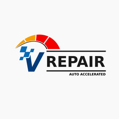 Initial V Letter with Speedometer, Race Icon for Automotive Company Logo. Motor Transportation Accelerated Service Store Logo Template